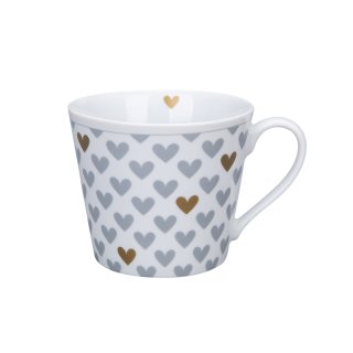 KRASILNIKOFF HAPPY CUP / Henkelbecher BIG HEARTS GREY ON WHITE