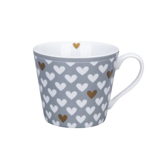 KRASILNIKOFF HAPPY CUP / Henkelbecher BIG HEARTS WHITE ON GREY