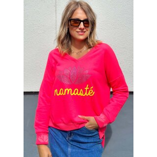 MISS GOODLIFE - V-Neck Sweatpullover NAMASTÉ mit Strass - Neonpink/Neongelb